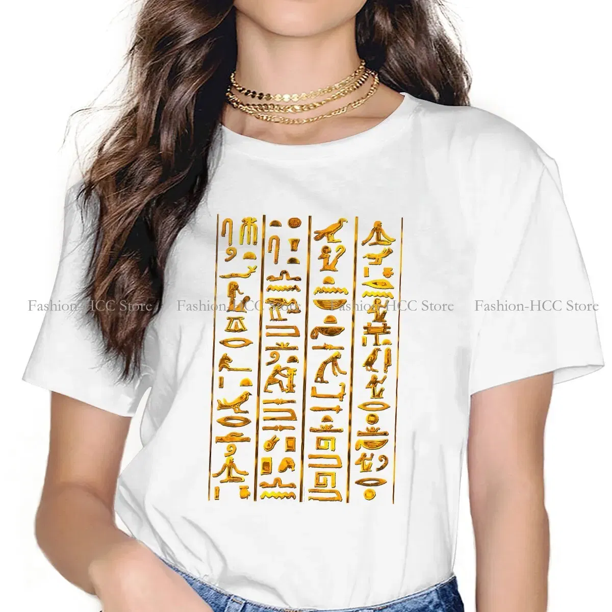 Color: WHITE, Size: S - Ancient Egypt Culture Polyester TShirts Hieroglyphs Gold On Black Distinctive Women's T Shirt Funny Tops