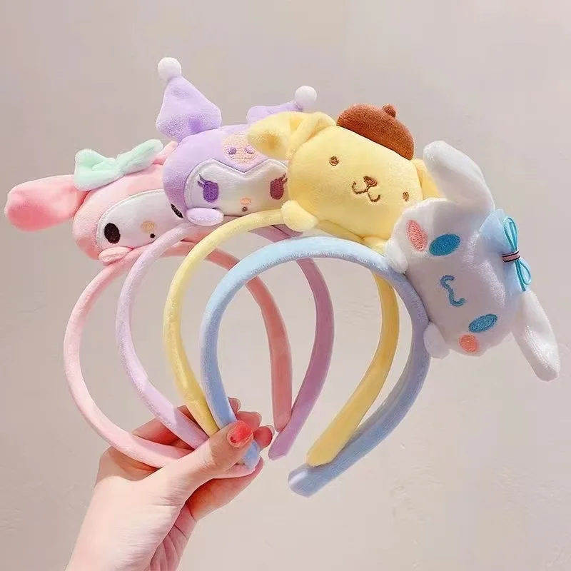 Color: HotPink - Sanrio Soft Plush Makeup Hairband Cute kuromi Cinnamoroll Melody Design Wash Face Makeup Non Slip Elastic Hair Accessories