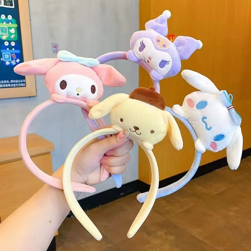 Color: HotPink - Sanrio Soft Plush Makeup Hairband Cute kuromi Cinnamoroll Melody Design Wash Face Makeup Non Slip Elastic Hair Accessories