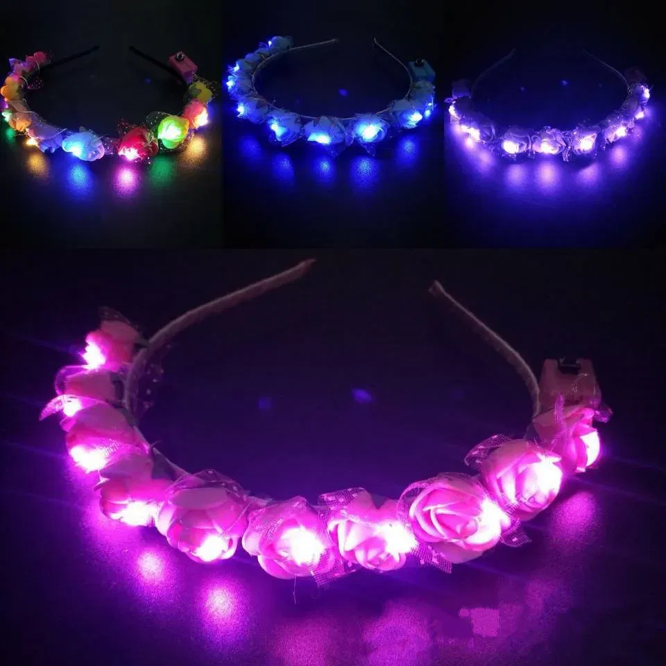 Color: Lavender - Luminous Rose Flower Headband LED Light up Wreath for Women Girl Bridal Wedding Party Hairband Christmas Valentine's Day Gifts
