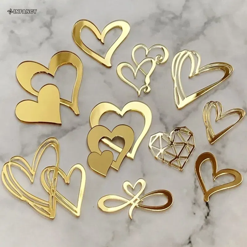 Color: Gold - 1Pcs Acrylic Cake Toppers Supplies Hearts Baking Dessert Flag Placard Decoration Proposal Anniversary Wedding Birthday Party