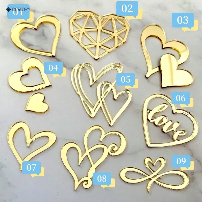 Color: Gold - 1Pcs Acrylic Cake Toppers Supplies Hearts Baking Dessert Flag Placard Decoration Proposal Anniversary Wedding Birthday Party