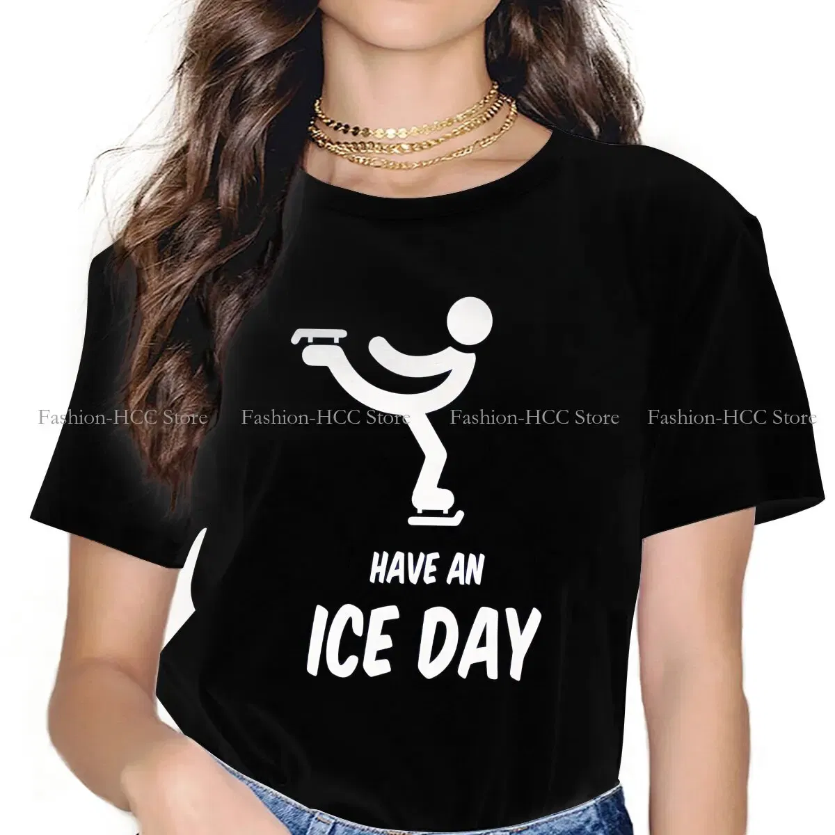 Color: black, Size: M - Have An Ice Day Round Collar TShirt Figure Skating Classic T Shirt Women Tops New Design
