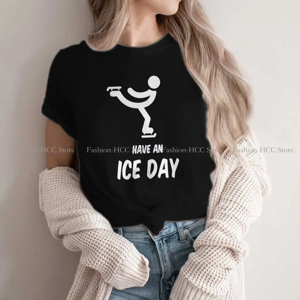 Color: black, Size: M - Have An Ice Day Round Collar TShirt Figure Skating Classic T Shirt Women Tops New Design