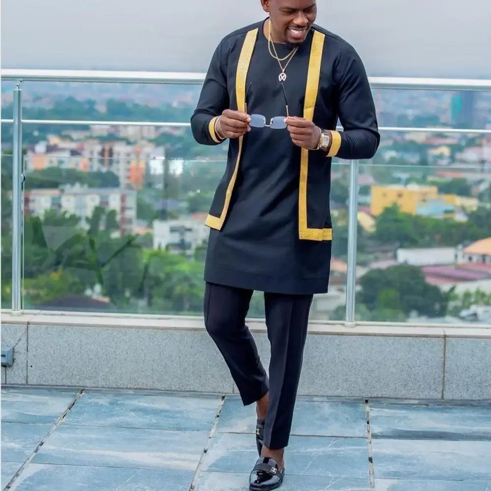 Color: Champagne, Size: XXL - 2024 New African Traditional Men's Set Elegant and Fashionable Men's Suit Casual Embroidery Two Piece Set Men's Suit Kaftan
