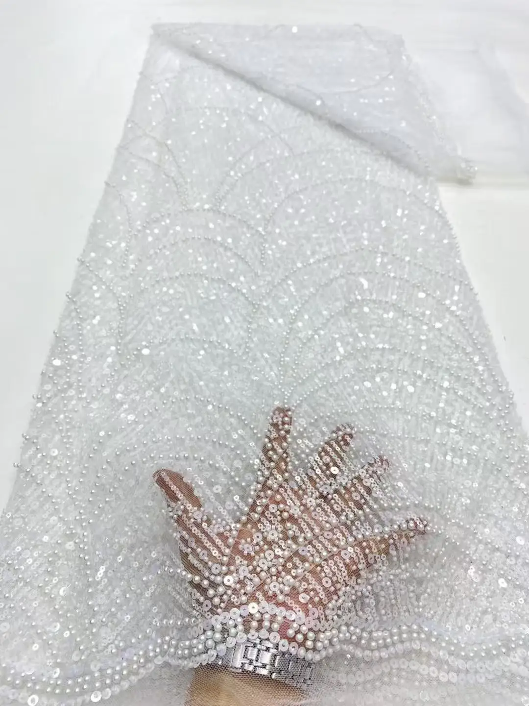 Color: Gold, Width: 120cm, Length: 5 yards - Luxury Sky Blue French Tulle Lace Fabric with Sequins Beads for Bridal Dress Nigerian Groom High Quality African Wedding Gown Ma