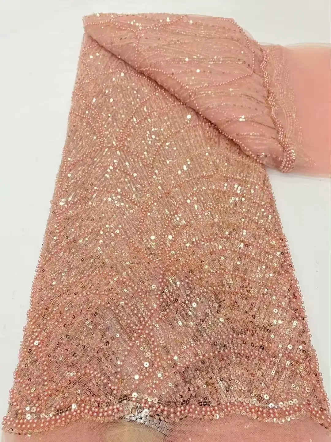 Color: Gold, Width: 120cm, Length: 5 yards - Luxury Sky Blue French Tulle Lace Fabric with Sequins Beads for Bridal Dress Nigerian Groom High Quality African Wedding Gown Ma