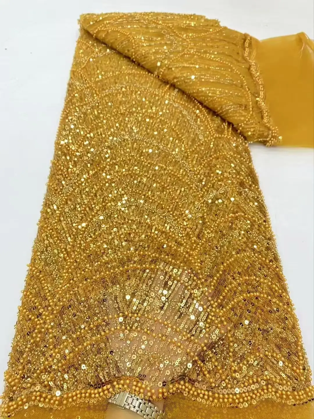 Color: Gold, Width: 120cm, Length: 5 yards - Luxury Sky Blue French Tulle Lace Fabric with Sequins Beads for Bridal Dress Nigerian Groom High Quality African Wedding Gown Ma