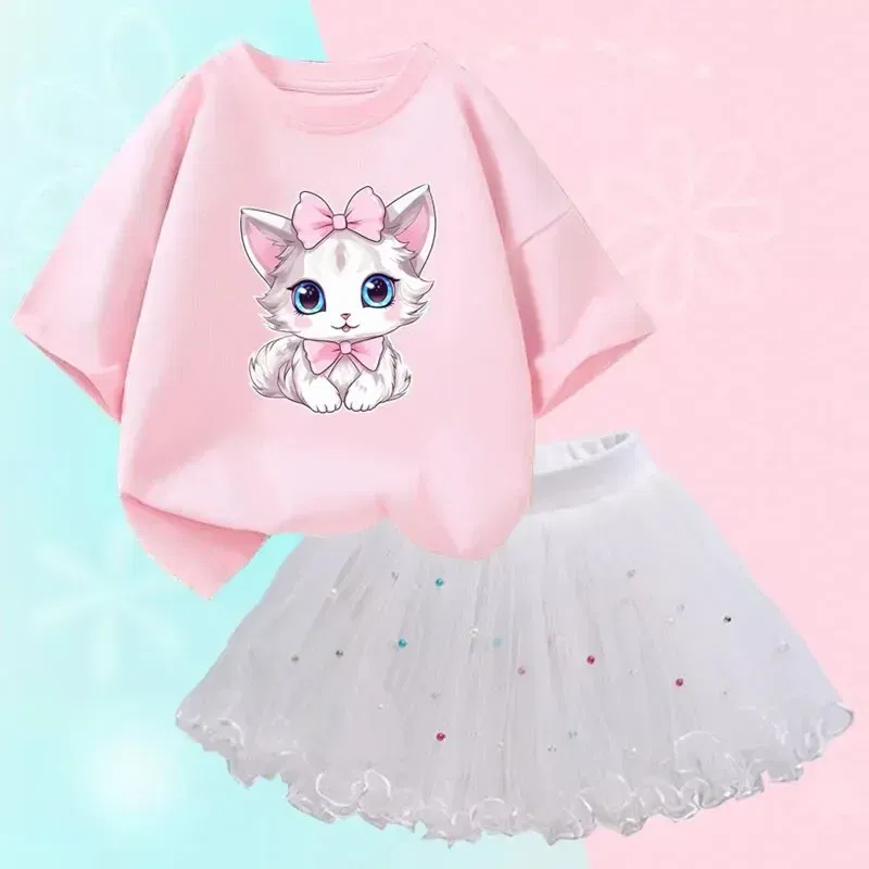 Kid Size: 6T, Color: Beige - Cute Summer Girls Outfits Cartoon Cat T-shirt and Tutu Skirt 2pc/Set Girl Princess Clothes Suit Children Birthday Clothing