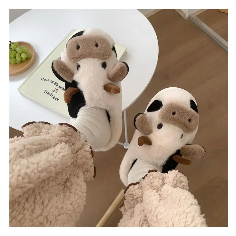 Womens Ultra-Soft Cow Print Fuzzy Slippers