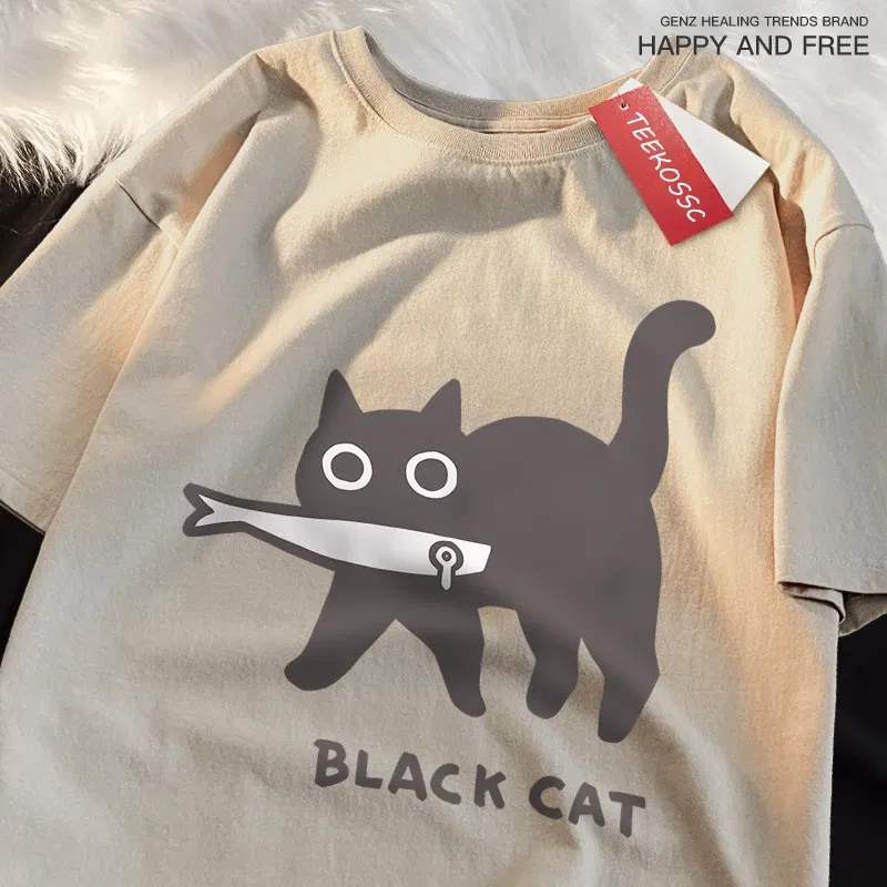 Color: green, Size: L - Fun A Black Cat Eating Fish Japanese Style Men Women T-Shirt Fashion Print T Shirt Breathable Oversize T-Shirts Cotton Clothes