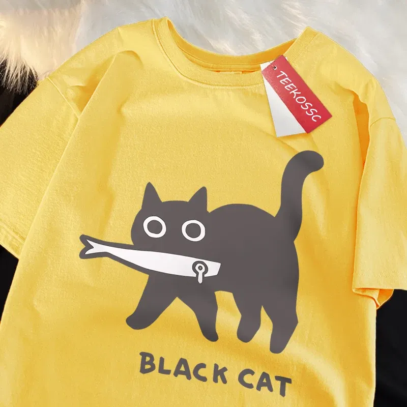 Color: green, Size: L - Fun A Black Cat Eating Fish Japanese Style Men Women T-Shirt Fashion Print T Shirt Breathable Oversize T-Shirts Cotton Clothes