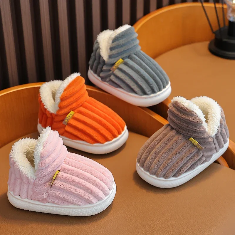Color: Chocolate, Shoe Size: 3.5 - New Winter Concise Stripe Plush Slippers Children's Non-slip Soft Sole Kids Boys Girls Heel Wrap Warm High Home Cotton Shoes