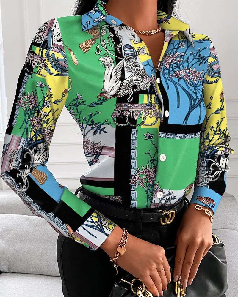 Color: Pink, Size: XXL - Women Fashion Wild Shirts Chain/Floral/Letter/Geometric Square Print Turn-Down Collar Long Sleeve Blouses