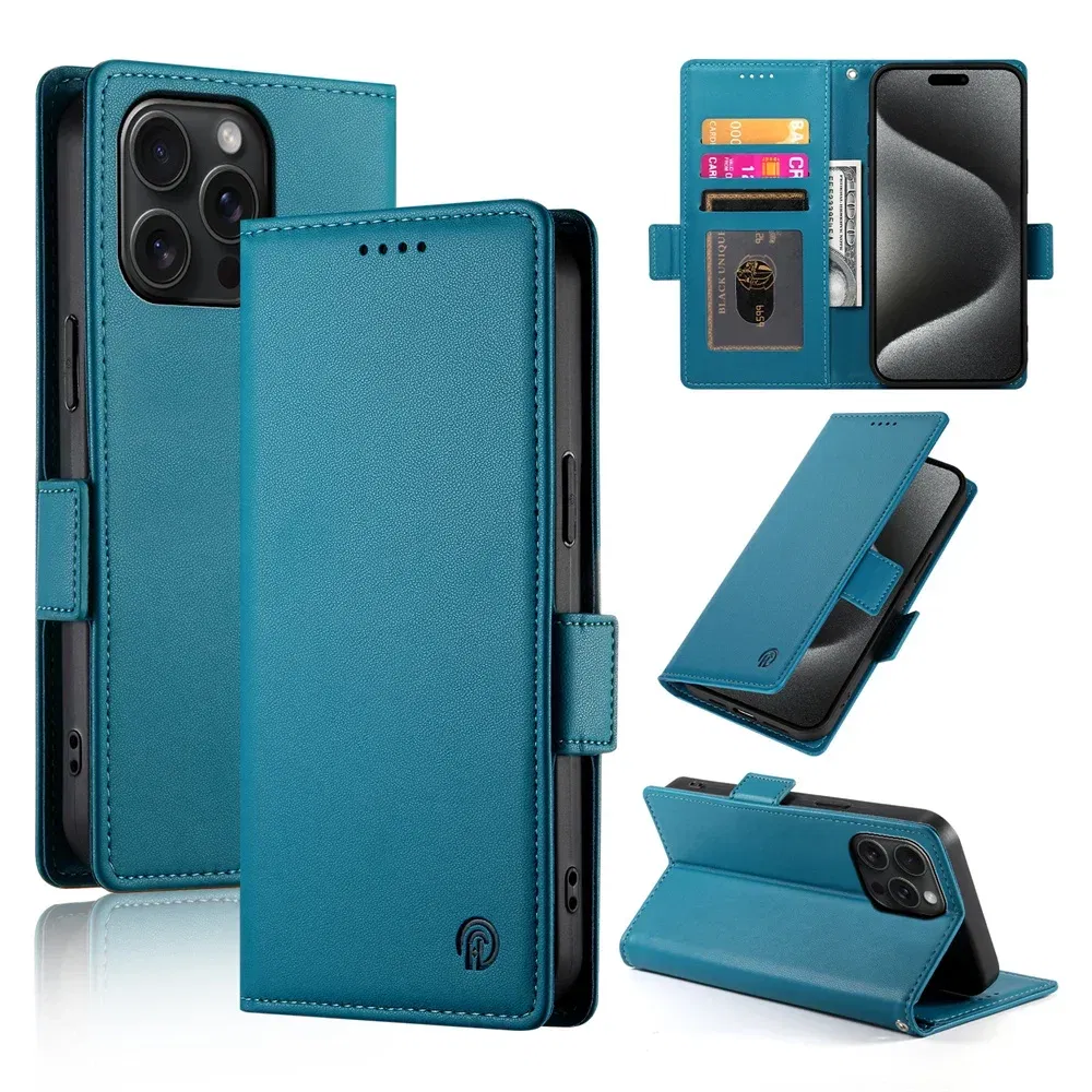 Color: Blue, Material: Carbon Fiber - PU Leather Flip Phone Case For iPhone 16 15 Pro Max 16E 14 13 1211 XS Max XR X 8 7 Plus SE KickStand Cards Solt Wallet Cover
