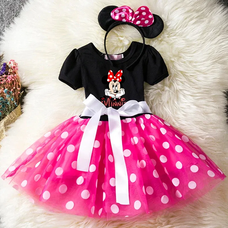 Color: army green, Size: XS - Cartoon Mickey Minnie Mouse Kids Short Sleeve Polka Dot Princess Dress 1-6Y Party Baby Girls Clothes Cosplay Costumes