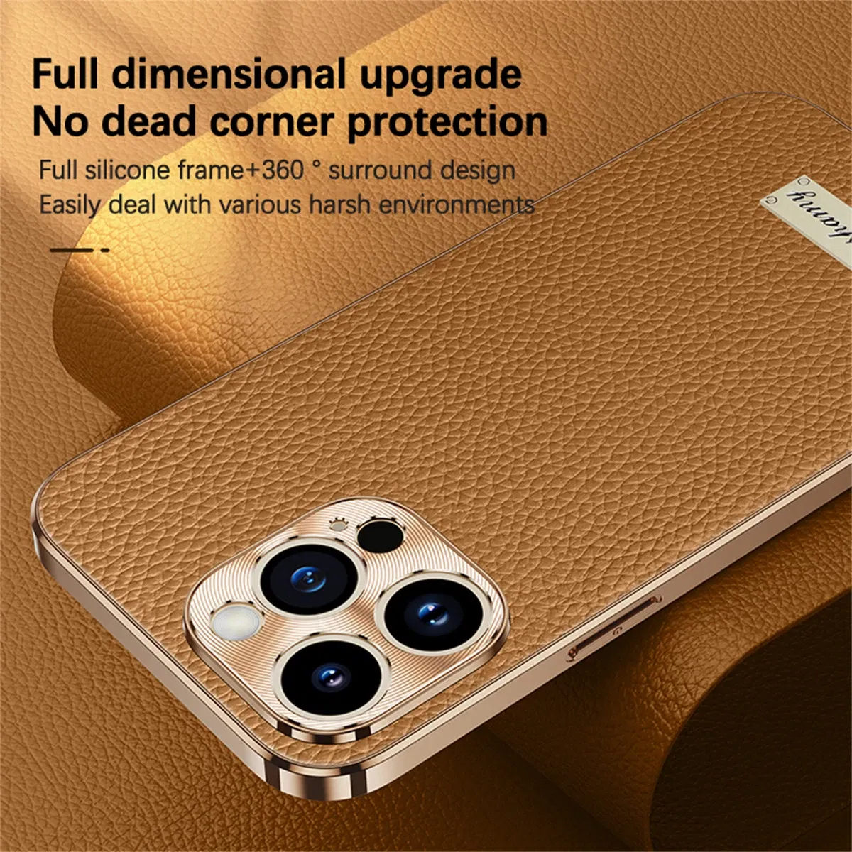 Color: Brown, Compatible-Phone Models: For iPhone 15 Pro Max - Luxury Genuine Leather Phone Case For iPhone 15 14 13 Pro Max Plating Soft Silicone Frame Shockproof Cover For iPhone 16 Pro Max