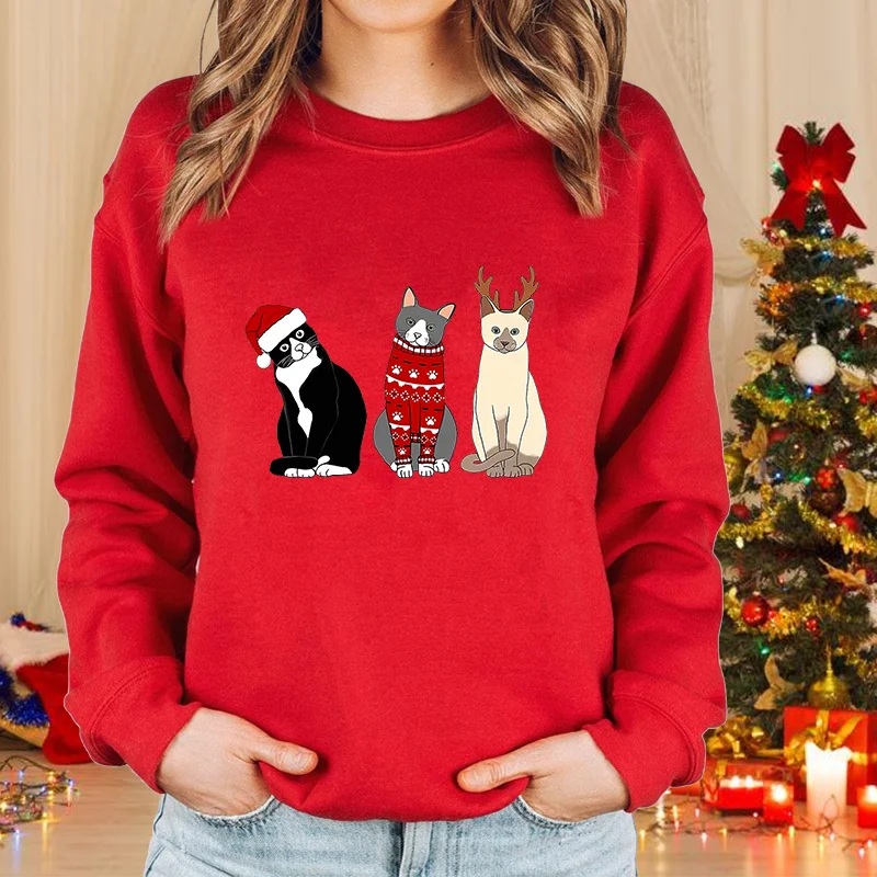 Color: GRAY, Size: L - New fashion women's Christmas cat sweater long-sleeved round neck pullover sweater fall and winter Christmas women's tops
