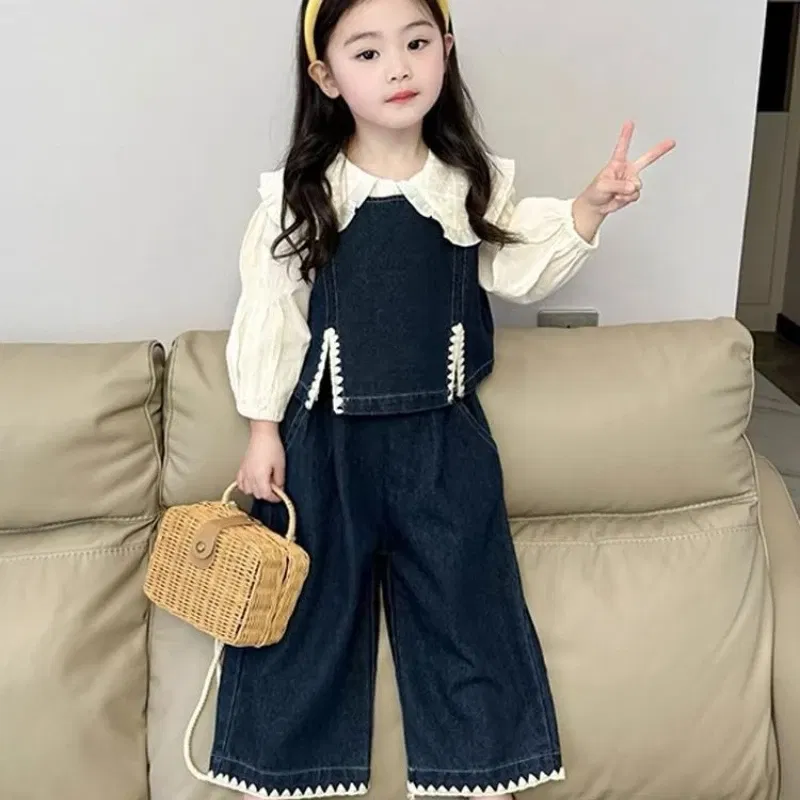 Color: Beige, Kid Size: 3T - Children's Sets 2025 Fall Girls' Denim Vest Set Stylish Shirt + Suspenders Outfit Trendy Toddler 2-Piece Jacket Ensemble