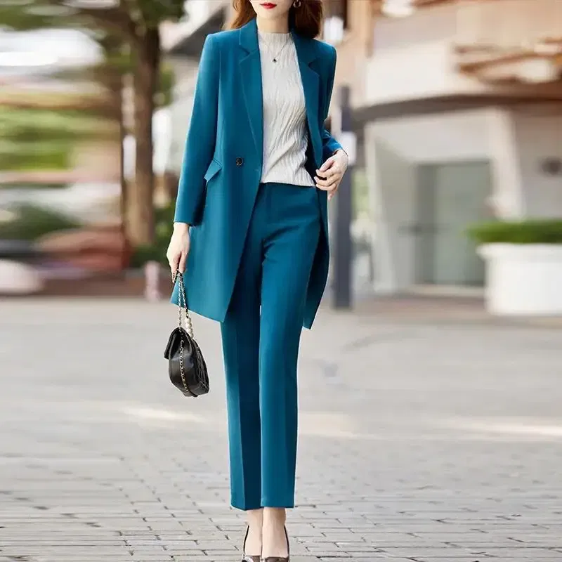 Color: Khaki, Size: M, Ships From: CHINA - High End Office Professional Women's Blazer Pants 2-Piece Set Fall Fashion Long Female Jacket Over Business Suit Casual Trousers