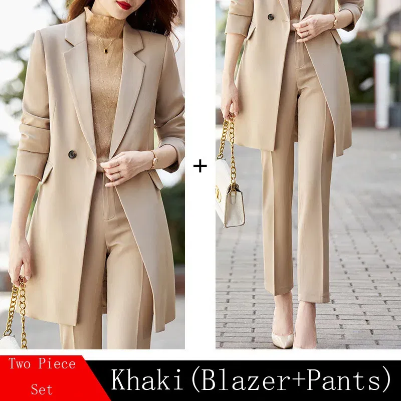 Color: Khaki, Size: M, Ships From: CHINA - High End Office Professional Women's Blazer Pants 2-Piece Set Fall Fashion Long Female Jacket Over Business Suit Casual Trousers