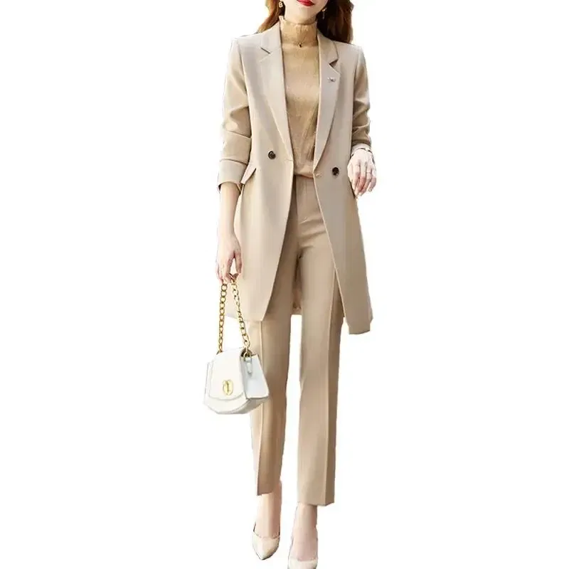 Color: Khaki, Size: M, Ships From: CHINA - High End Office Professional Women's Blazer Pants 2-Piece Set Fall Fashion Long Female Jacket Over Business Suit Casual Trousers