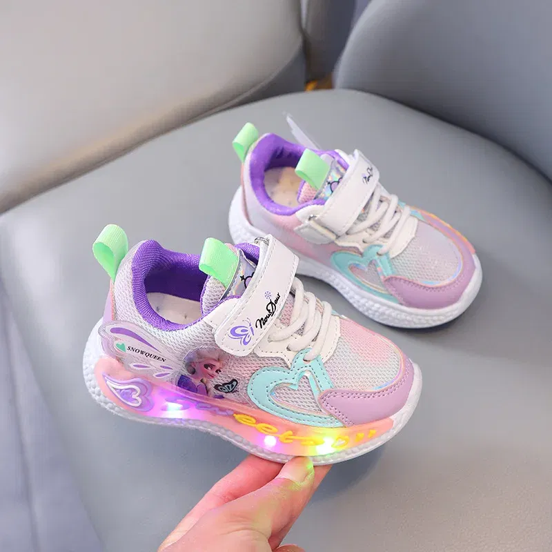 Color: Pink, Shoe Size: 11 - Disney Children Led Shoes Kids Girls Sneakers Frozen Elsa Princess Lighting Shoes Pink Purple Casual Sports Shoes Size 21-31