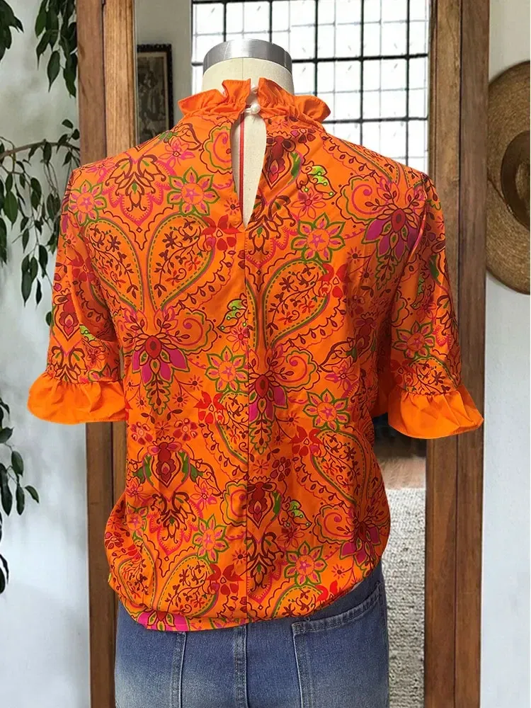 Women's Elegant  Blouse Puff Sleeve Paneled Graphic Print Top