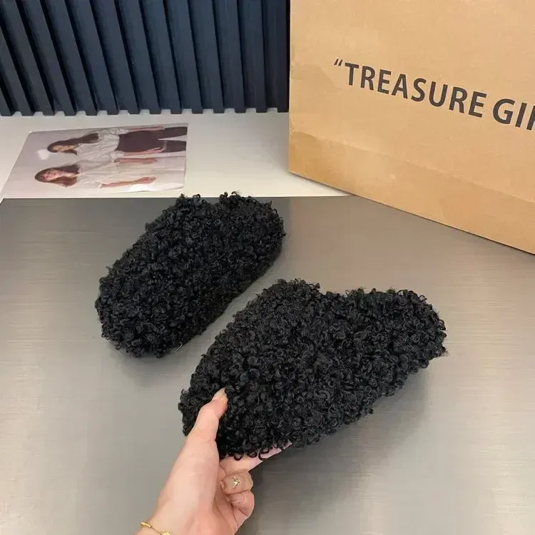 Color: Beige, Shoe Size: 35 - Thick Heel Luxury Lambwool Mules  Winter Shoes Woman Flip Flops Flat Cover Toe Slides Ins Warm Curly Lamb Fur Slippers Women