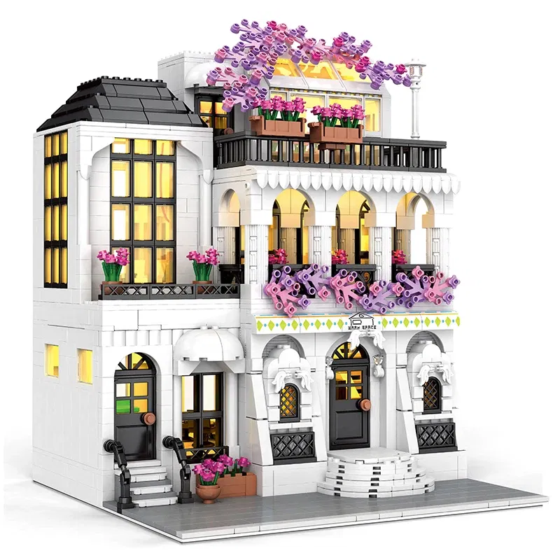 Color: WHITE - MOC Creative European Architecture Building Blocks Garden Hotel Flower Street Villa Street View Bricks Ideas Toy For Friend Gift