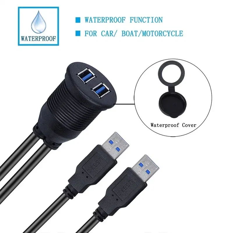 Cable length: 3m, Color: black - Dual USB 3.0 Male To USB 3.0 Female Extension Cable with Flush Mount Panel for Car Truck Boat Motorcycle