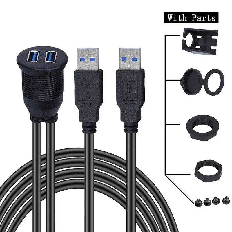 Cable length: 3m, Color: black - Dual USB 3.0 Male To USB 3.0 Female Extension Cable with Flush Mount Panel for Car Truck Boat Motorcycle