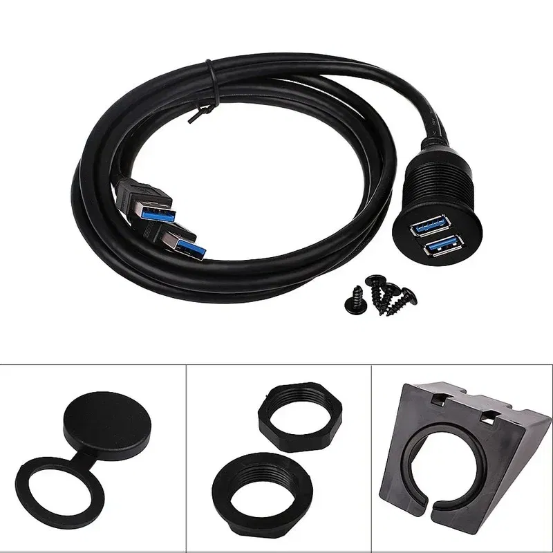 Cable length: 3m, Color: black - Dual USB 3.0 Male To USB 3.0 Female Extension Cable with Flush Mount Panel for Car Truck Boat Motorcycle