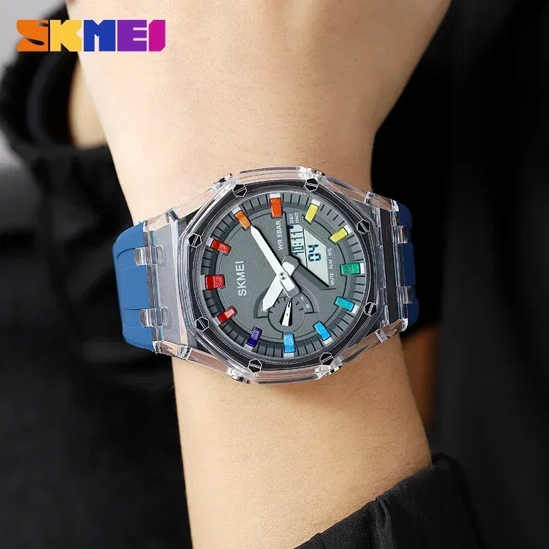 Color: grey, Ships From: CHINA - SKMEI Waterproof Men Watch Countdown Stopwatch Led Light Electronic Movement Wristwatch 5Alarm Clock 2 Time Digital Watches 2100