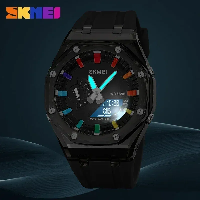 Color: grey, Ships From: CHINA - SKMEI Waterproof Men Watch Countdown Stopwatch Led Light Electronic Movement Wristwatch 5Alarm Clock 2 Time Digital Watches 2100