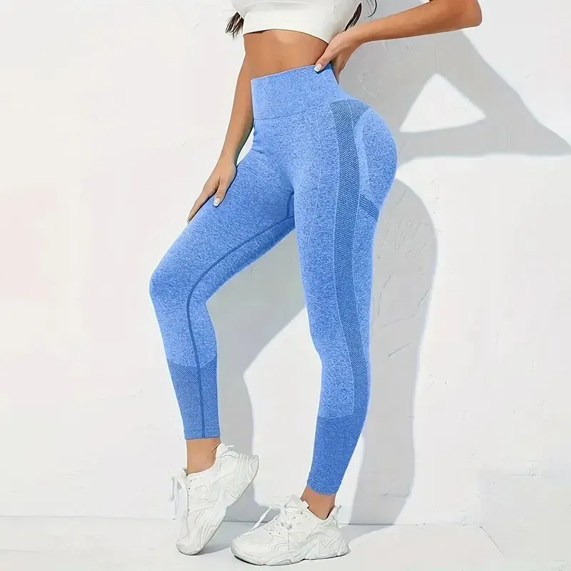 Size: L, Color: Beige - Yoga Basic 3pcs Fitness Gym Tights Seamless Hip-hugging Tummy Control Yoga Leggings With Punch Out Holes