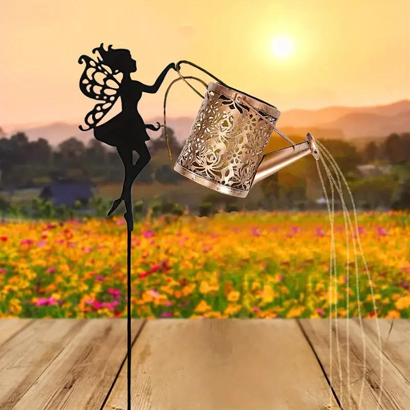Solar-Powered Watering Can Lights with LED String - Metal Art Fairy Silhouette Stake for Garden, Patio & Lawn