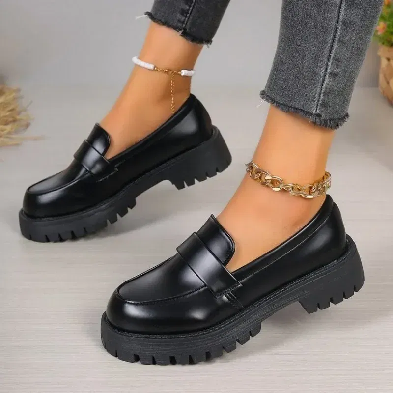 Color: black, Shoe Size: 38 - British Style Platform Loafers Women 2025 Plus Size Round Toe Single Shoes Woman Thick Bottom Pu Leather Shoes Mujer