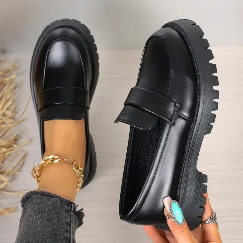 Color: black, Shoe Size: 38 - British Style Platform Loafers Women 2025 Plus Size Round Toe Single Shoes Woman Thick Bottom Pu Leather Shoes Mujer