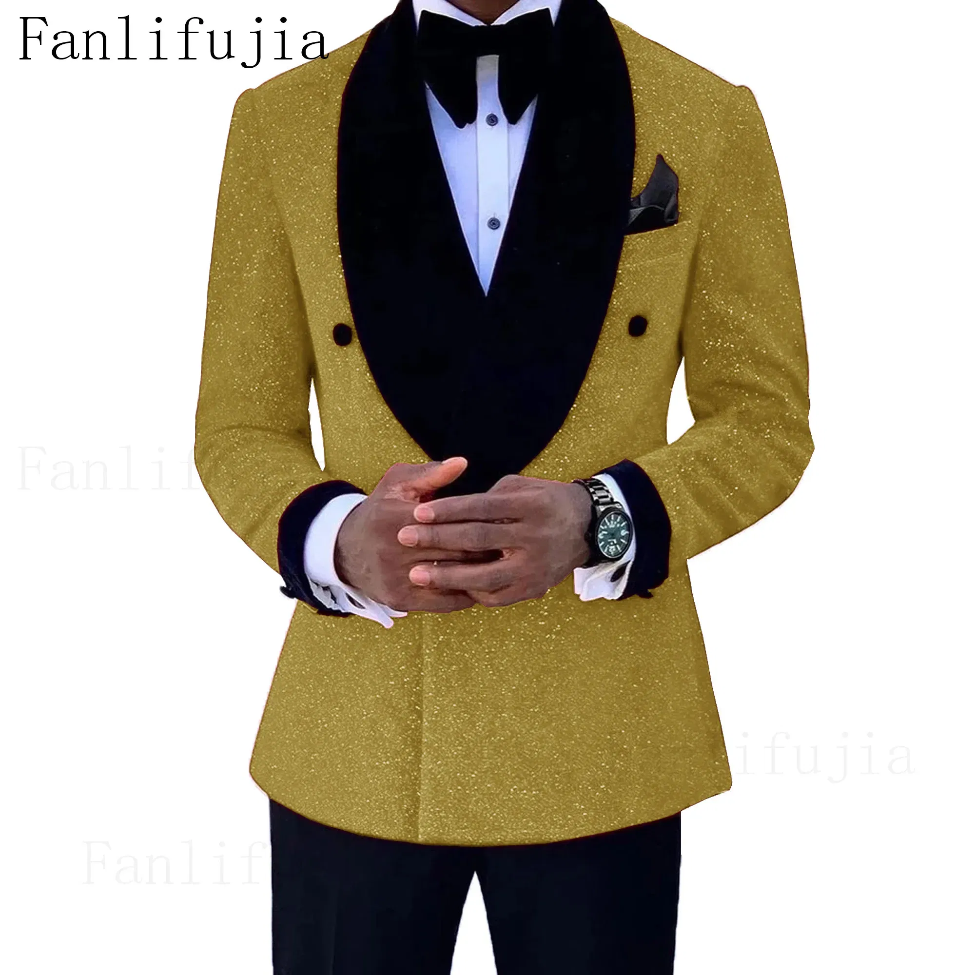 Color: Gold, Size: XS - Fanlifujia Luxury Red Glitter Suits Men Groom Wedding Tuxedo Double Breasted Blazer Formal Evening Party Prom Dress 2 Pieces Set