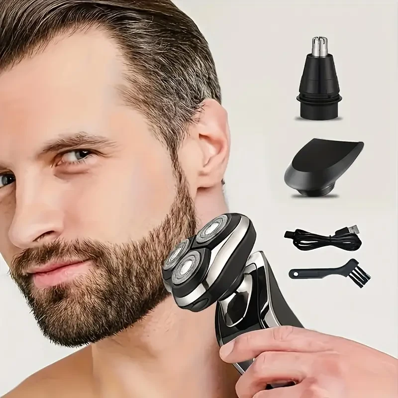 Electric Shaver For Men, Rechargeable 4D Rotary Razor, Cordless Face Shaver With Trimmer Attachment, Beard And Nose Hair Trimming, USB Charging