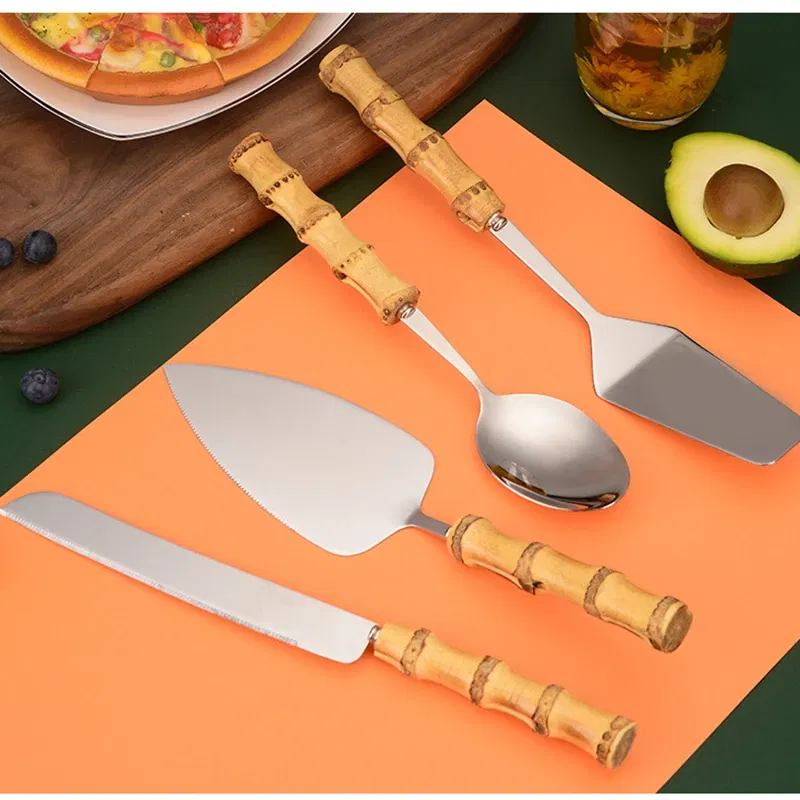 Color: Light Grey - Nature Bamboo Pizza Cake Shovel Triangular Spatula Set Steel Stainless Cheese Slicer Cutter Knife,Butter Knife