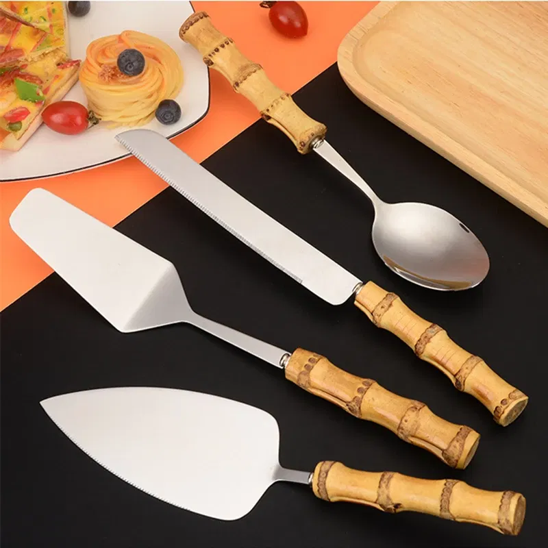 Color: Light Grey - Nature Bamboo Pizza Cake Shovel Triangular Spatula Set Steel Stainless Cheese Slicer Cutter Knife,Butter Knife
