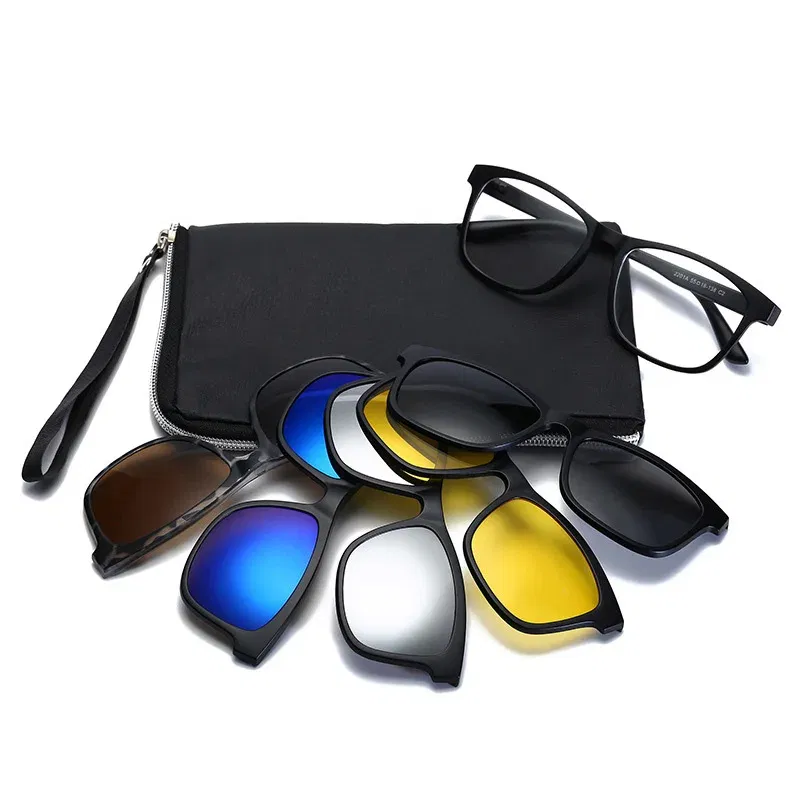 Lenses Color: Blue, Ships From: CHINA, Frame Color: WHITE - 6 In 1 Spectacle Frame Men Women With 5 PCS Clip On Polarized Sunglasses Magnetic Glasses Male Computer Optical 2201
