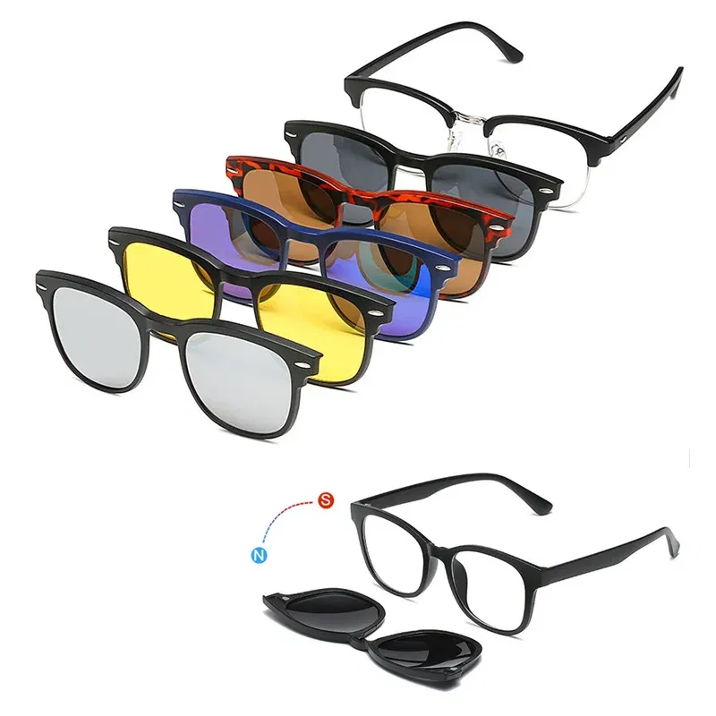 Lenses Color: Blue, Ships From: CHINA, Frame Color: WHITE - 6 In 1 Spectacle Frame Men Women With 5 PCS Clip On Polarized Sunglasses Magnetic Glasses Male Computer Optical 2201