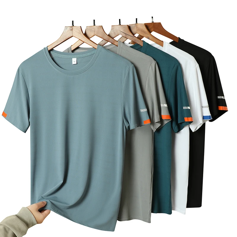 Color: Mint, Size: M - Men's Silk Ice Round Collar T-shirt, Simple Running Fitness Suit, Breathable Thin T-shirt, Quick Dry T-shirt, Summer