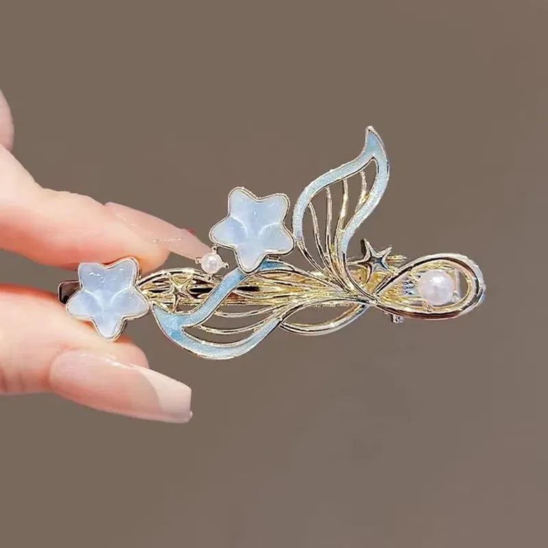 Color: Blue - Dreamy Blue Fishtail Starfish Glaze Duckbill Clip Women Forehead Bangs Barrettes Alloy Side Clip Super Fairy Hair Accessories