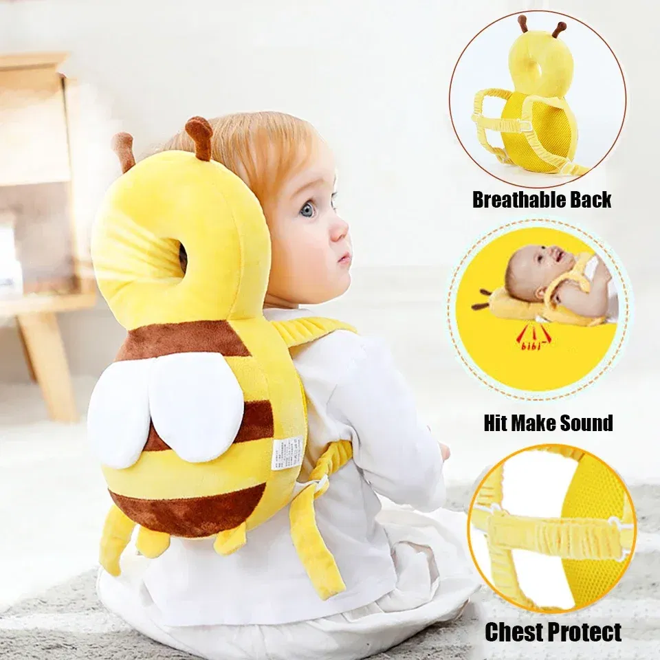Color: black - Head Back Protector Baby Protect Pillow Learn Walk Headgear Prevent Injured Safety Pad prevention Fall Cartoon Bee Kids Pillows
