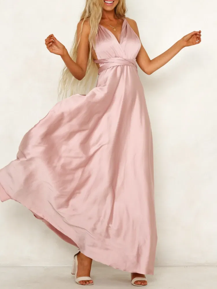 Color: Pink, Size: M - Summer New Women's Long Dress Fashion Temperament Solid Color Bandage V-neck Sexy Women's Backless High-waisted Swing Dress