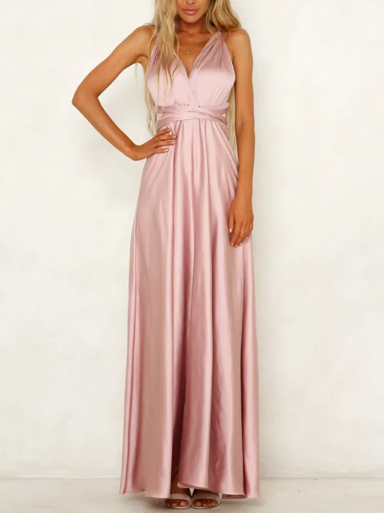 Color: Pink, Size: M - Summer New Women's Long Dress Fashion Temperament Solid Color Bandage V-neck Sexy Women's Backless High-waisted Swing Dress
